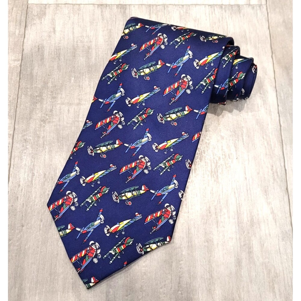 Vintage Lord & Taylor All Silk Biplane Airplane Novelty Tie Navy Blue Red Yellow